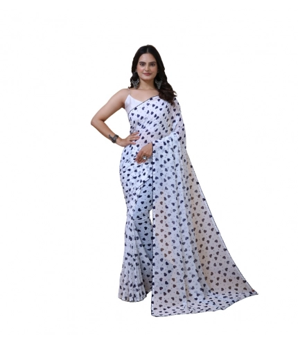 Generic Women's Georgette Printed Saree With Unstitched Blouse 5.5Mtr (White-Blue)