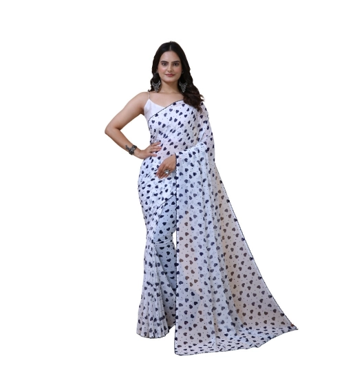 Generic Women's Georgette Printed Saree With Unstitched Blouse 5.5Mtr (White-Blue)