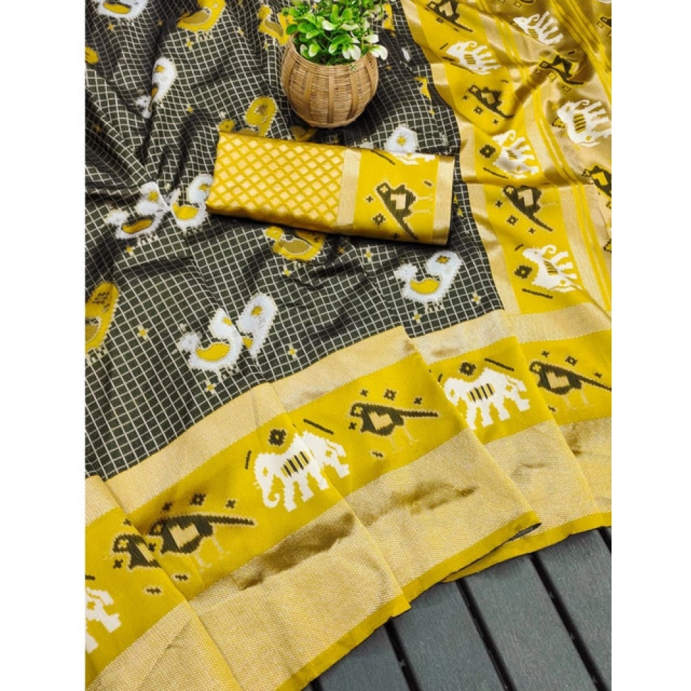 Generic Women's Soft Litchi Silk Jacquard Work Saree With Unstitched Blouse 5.5Mtr (Black)