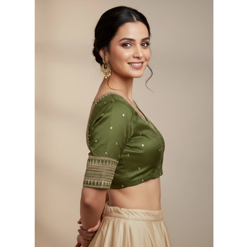 Generic Women's Vichitra Silk V Neck Padded Blouse (Green, 38 Ready Size (Self-Alterable 36–40)