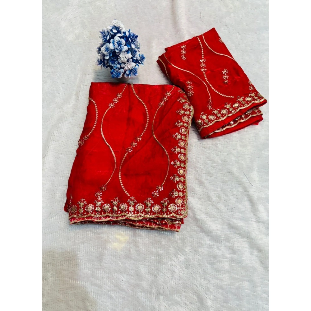 Generic Women's Jimmy Choo Embellished Saree With Unstitched Blouse 5.5Mtr�(Red)