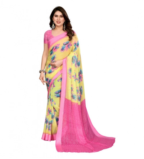 Generic Women's Georgette Printed Saree With Unstitched Blouse 5.5Mtr (Yellow)