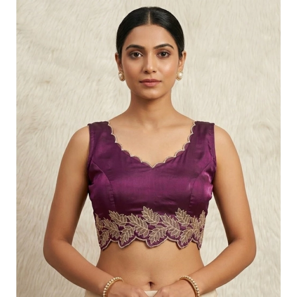 Generic Women's Silk Embroidered Sweetheart Neck Sleeveless Readymade Padded Blouse (Wine, Size 38)