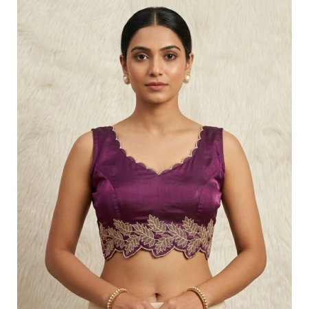 Generic Women's Silk Embroidered Sweetheart Neck Sleeveless Readymade Padded Blouse (Wine, Size 38)