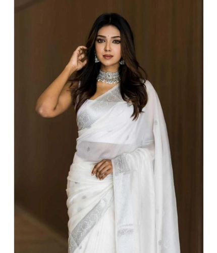 Generic Women's Soft Lichi Silk Printed Saree With Unstitched Blouse 5.5Mtr (White)