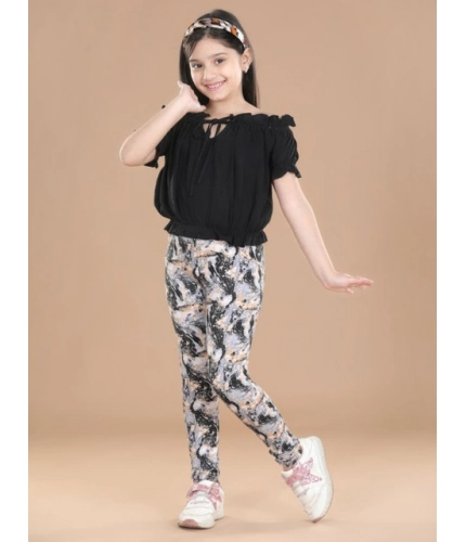 Generic Girl's Cotton Lycra Floral Elasticated Jeggings (Multicolor)