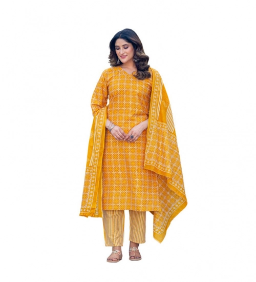 Generic Women's Cotton Blend Printed Kurti With Pant Dupatta Set (Yellow)