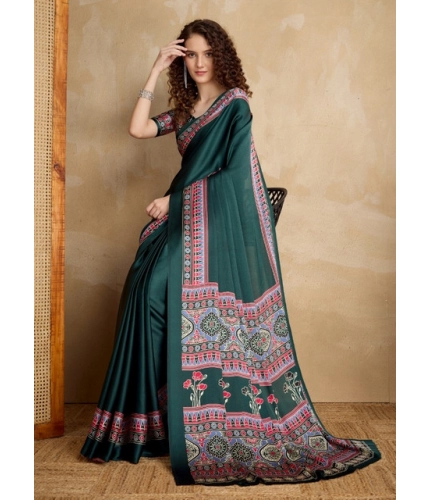 Generic Women's Satin Crepe Printed Saree With Unstitched Blouse 5.5Mtr (Green)