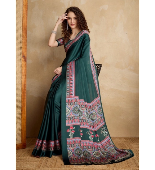 Generic Women's Satin Crepe Printed Saree With Unstitched Blouse 5.5Mtr (Green)