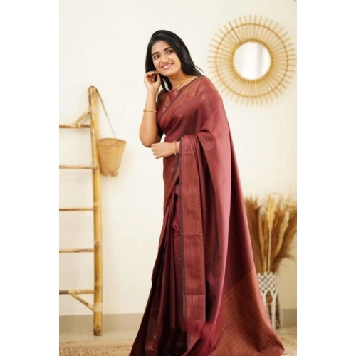 Women's Litchi silk Printed Saree With Unstitched Blouse (Maroon)