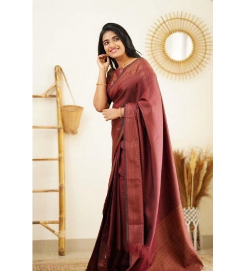 Generic Women's Litchi silk Printed Saree With Unstitched Blouse (Maroon)