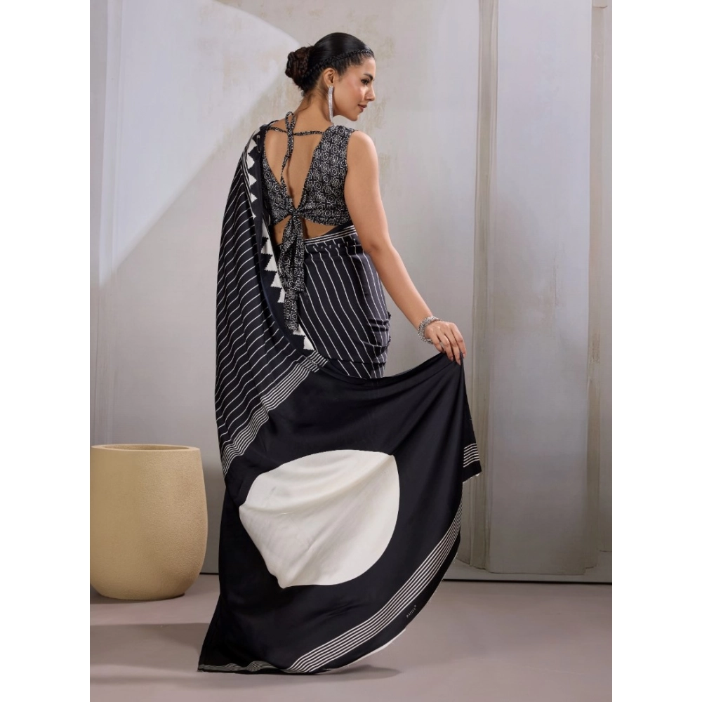 Generic Women's Satin Crepe Printed Saree With Unstitched Blouse 5.5Mtr (Black)