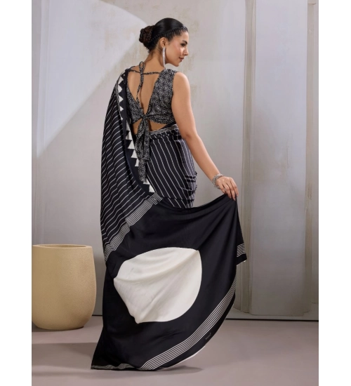 Generic Women's Satin Crepe Printed Saree With Unstitched Blouse 5.5Mtr (Black)