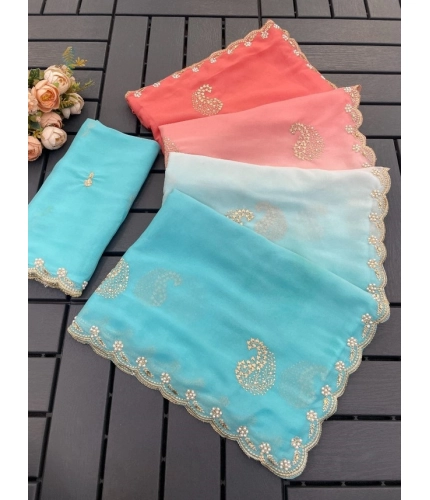 Generic Women's Digital Printed  Geogette Saree With Unstitched Blouse (Blue, 5-6 Mtrs)