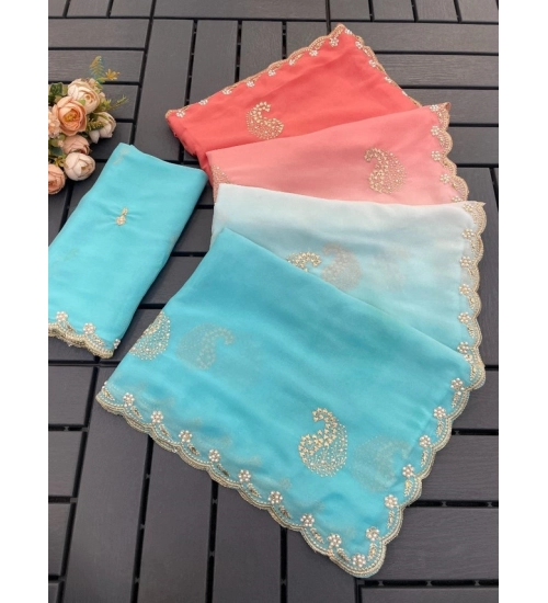 Generic Women's Digital Printed  Geogette Saree With Unstitched Blouse (Blue, 5-6 Mtrs)