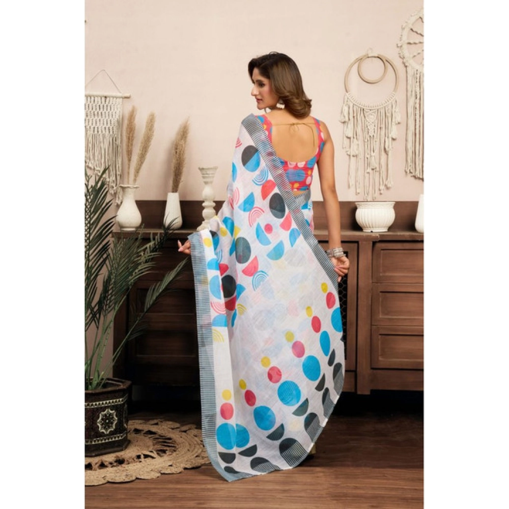 Generic Women's Linen Cotton Printed Ready To Wear Saree With Unstitched Blouse 5.5 Mtr (Multicolor)