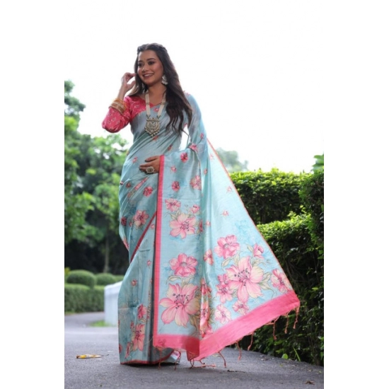 Generic Women's Faux_Tussar Floral_Print Saree With Unstitched Blouse 5.5Mtr (Sky_Blue) Generic Women's Faux_Tussar Floral_Print Saree With Unstitched Blouse 5.5Mtr (Sky_Blue)