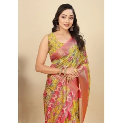 Generic Women's Cotton Silk Floral Printed Saree With Unstitched Blouse 5.5Mtr (Yellow)