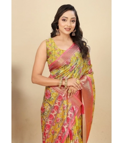 Generic Women's Cotton Silk Floral Printed Saree With Unstitched Blouse 5.5Mtr (Yellow)