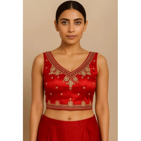Generic Women's Silk Embroidered V-Neck Sleeveless Readymade Padded Blouse (Red, Size 38)