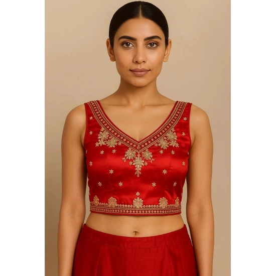Generic Women's Silk Embroidered V-Neck Sleeveless Readymade Padded Blouse (Red, Size 38)