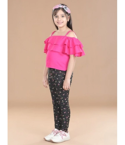 Generic Girl's Cotton Floral Elasticated Jegging and Top Set (Pink)