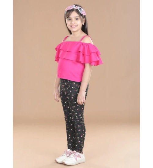 Generic Girl's Cotton Floral Elasticated Jegging and Top Set (Pink)