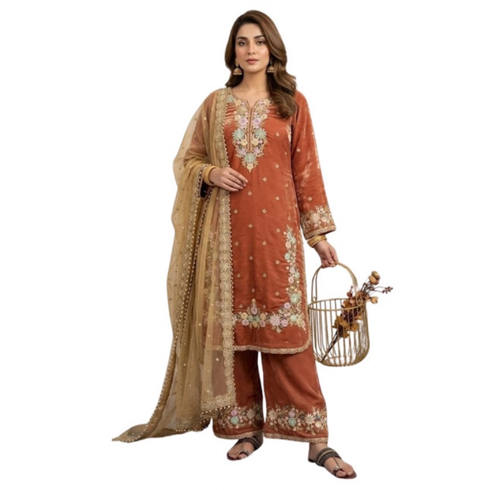 Generic Women's Silk Embroidered 3/4th Sleeve Round Kurti With Palazzo Pant and Dupatta Set (Orange) Generic Women's Silk Embroidered 3/4th Sleeve Round Kurti With Palazzo Pant and Dupatta Set (Orange)