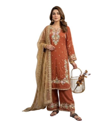 Generic Women's Silk Embroidered 3/4th Sleeve Round Kurti With Palazzo Pant and Dupatta Set (Orange)