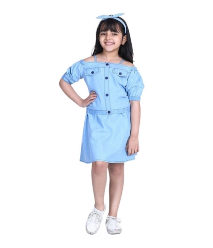 Generic Girl's Denim Solid Cold Shoulder Top and Skirt Set (Light Blue)