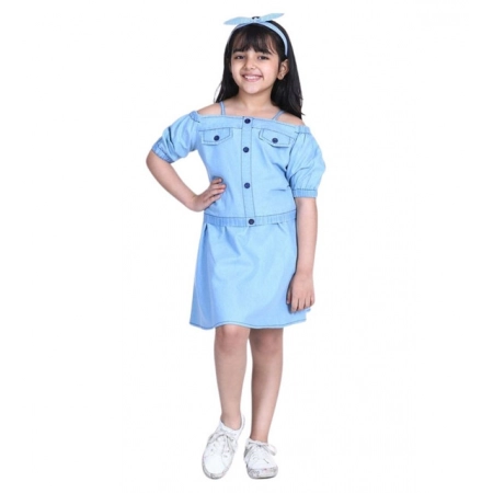 Generic Girl's Denim Solid Cold Shoulder Top and Skirt Set (Light Blue) Generic Girl's Denim Solid Cold Shoulder Top and Skirt Set (Light Blue)