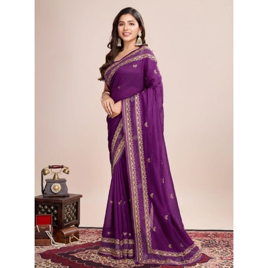 Generic Women's Vichitra Silk Embroidery Work Saree With Unstitched Blouse 5.5Mtr (Wine)