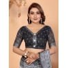 Generic Women's Linen Cotton Printed Saree With Unstitched Blouse 5.5Mtr (White-Black)
