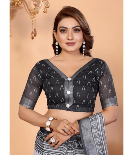 Generic Women's Linen Cotton Printed Saree With Unstitched Blouse 5.5Mtr (White-Black)