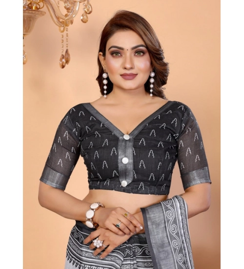 Generic Women's Linen Cotton Printed Saree With Unstitched Blouse 5.5Mtr (White-Black)