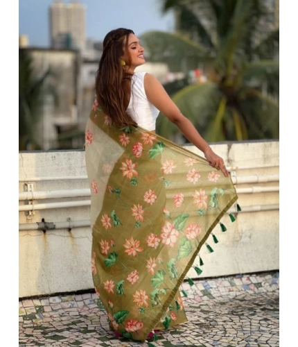 Generic Women's Linen Printed Saree With Unstitched Blouse 5.5Mtr (Mahendi)