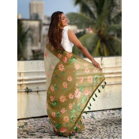 Generic Women's Linen Printed Saree With Unstitched Blouse 5.5Mtr (Mahendi)