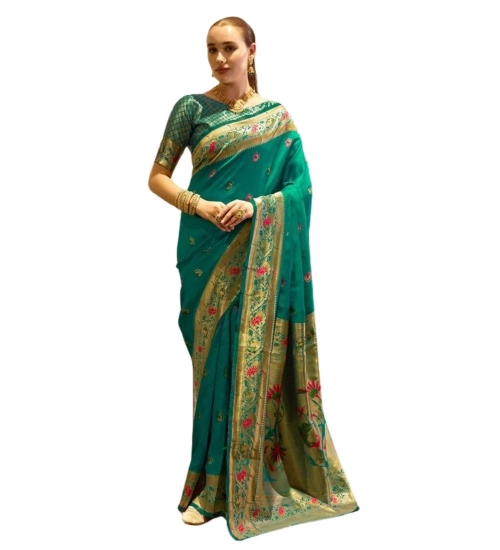 Generic Women's Silk Blend Zari Woven Saree With Unstitched Blouse 5.5Mtr (Green)