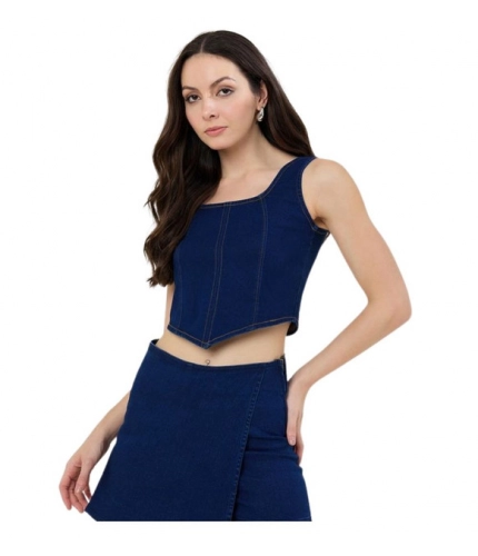 Generic Women's Denim Lycra Solid Sleeveless Top (Blue)