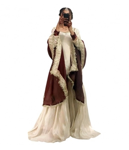 Generic Women's Silk Embroidered 3/4th Sleeve V-Neck Kurti With Sharara Pant and Dupatta Set (Cream &amp; Brown)