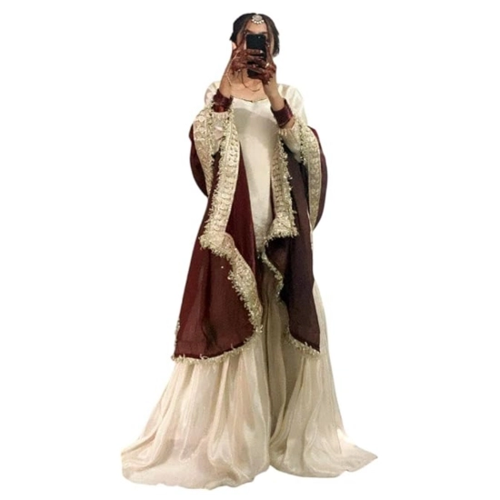 Generic Women's Silk Embroidered 3/4th Sleeve V-Neck Kurti With Sharara Pant and Dupatta Set (Cream & Brown) Generic Women's Silk Embroidered 3/4th Sleeve V-Neck Kurti With Sharara Pant and Dupatta Set (Cream & Brown)