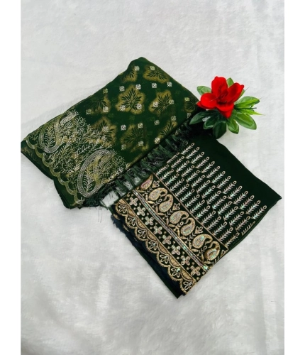 Generic Women's Embroidered Georgette Saree With Unstitched Blouse (Dark Green, 5-6 Mtrs)