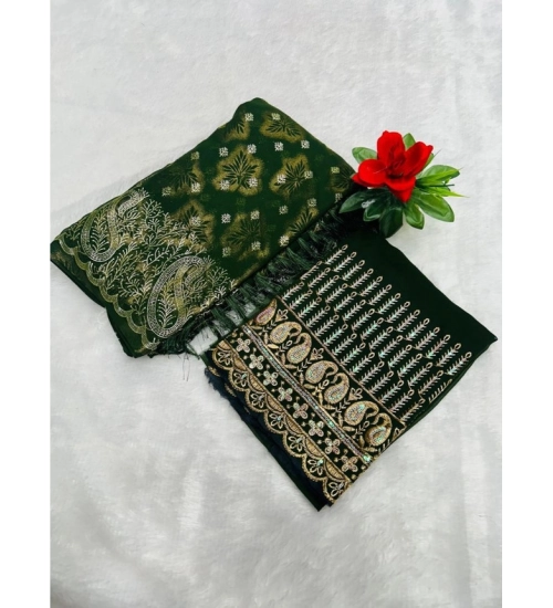 Generic Women's Embroidered Georgette Saree With Unstitched Blouse (Dark Green, 5-6 Mtrs)