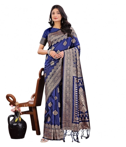 Generic Women's Silk Printed Saree With Unstitched Blouse 5.5Mtr (Navy Blue)