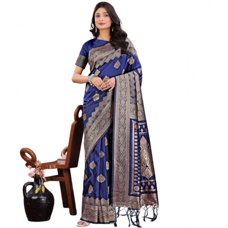 Generic Women's Silk Printed Saree With Unstitched Blouse 5.5Mtr (Navy Blue)