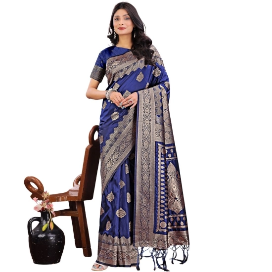 Generic Women's Silk Printed Saree With Unstitched Blouse 5.5Mtr (Navy Blue)