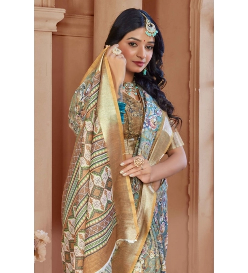 Generic Women's Printed Cotton Linen Saree withPrinted  Saree With Unstitched Blouse (Green, 5-6Mtrs)