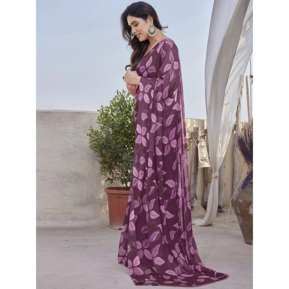 Generic Women's Chiffon Printed Saree With Unstitched Blouse 5.5Mtr (Purple)