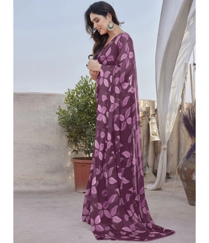 Generic Women's Chiffon Printed Saree With Unstitched Blouse 5.5Mtr (Purple)