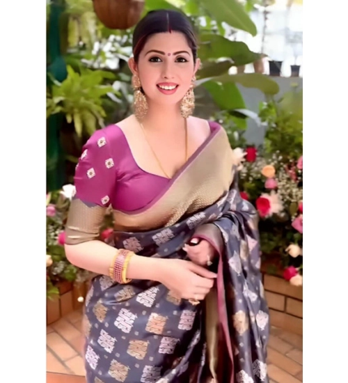 Generic Women's Soft Litchi Silk Jacquard Work Saree With Unstitched Blouse 5.5Mtr (Gray)